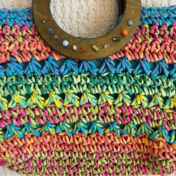 CAPPELLI STRAWORLD Turquoise Crochet Toyo Straw Wooden Grip Satchel Tote Handbag - Picture 5 of 11